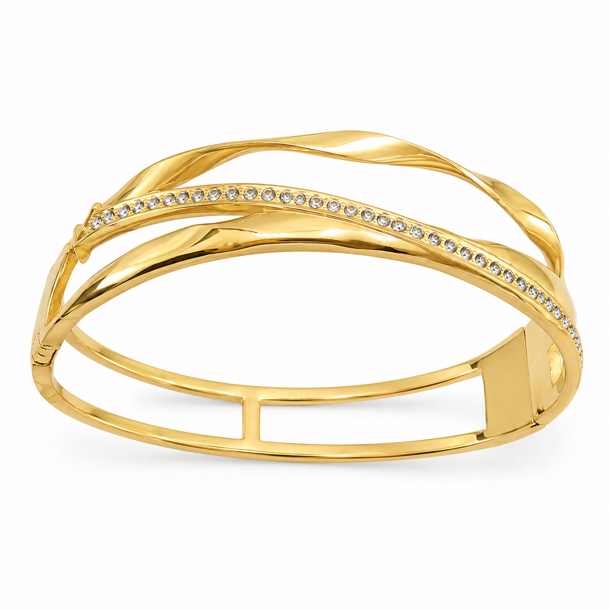 Kadas Gold-Tone Twisted Rope Crystal-Studded Crossover Design Kada Bangle for Women