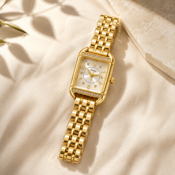 Watches Gold-Tone Rectangular Dial Crystal Studded Bezel Bracelet Watch for Women - House of Viya