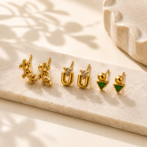 Earrings Knot, Horseshoe Hoop & Emerald Triangle Drop Stud Earrings Set of 3 Pairs