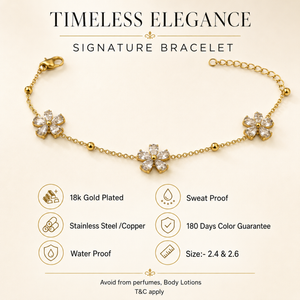 Gold Plated White Stone Floral Butterfly Motif Station Chain Bracelet with Lobster Clasp