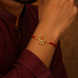 18K Gold Plated Rakhi Stone-Studded Trishul Motif Religious Traditional Rakhi - House of Viya