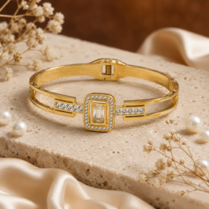 Kadas Gold-Tone Rectangular Solitaire Stone-Studded Halo Kada with Crystal Accents - Polished Finish Slim Bracelet