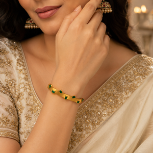 Real Emerald Green Stone Gold Oval Kada for Women | Natural Gemstone Stainless Steel Ladies Bangle | Genuine Stone Festive Jewellery