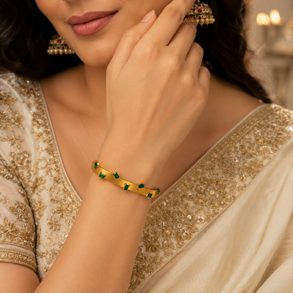 Real Emerald Green Stone Gold Oval Kada for Women | Natural Gemstone Stainless Steel Ladies Bangle | Genuine Stone Festive Jewellery - House of Viya