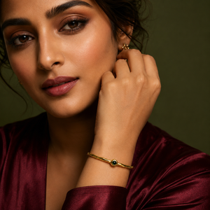 Kadas Gold-Tone Polished Finish Green Stone-Accented Slim Kada for Women