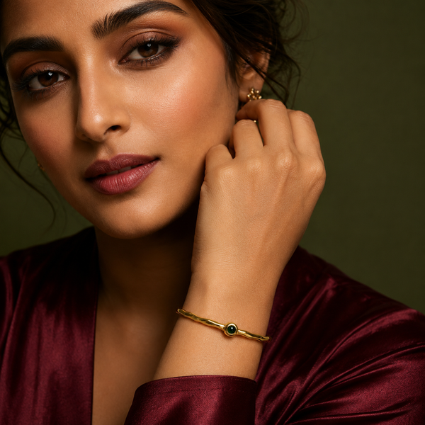 Kadas Gold-Tone Polished Finish Green Stone-Accented Slim Kada for Women - House of Viya