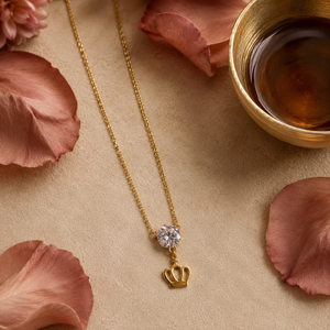 Chain 18K Gold-Plated Fine Chain with Crown Charm and Clear Round Stone - House of Viya