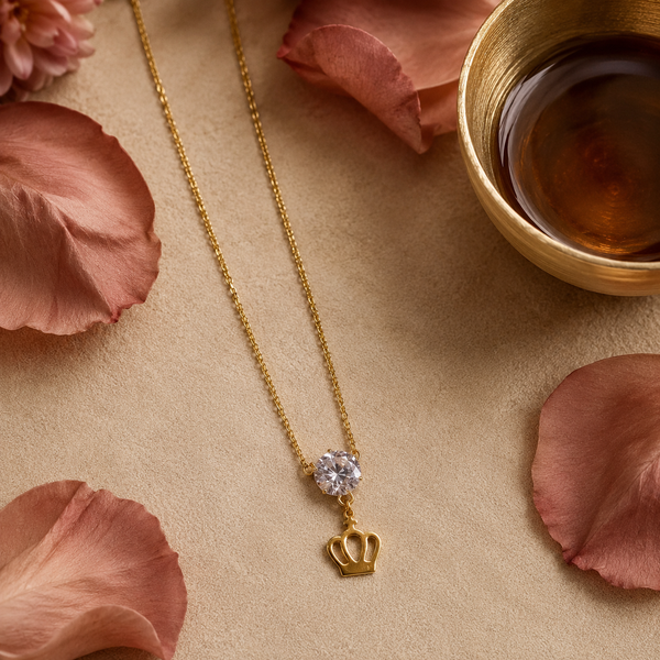 Chain 18K Gold-Plated Fine Chain with Crown Charm and Clear Round Stone - House of Viya