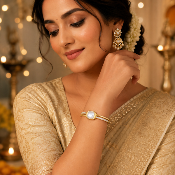 Gold Princess Panel Diamond Oval Kada for Women | Square Stone Panel Stainless Steel Ladies Bangle | Bold Design Jewellery - House of Viya