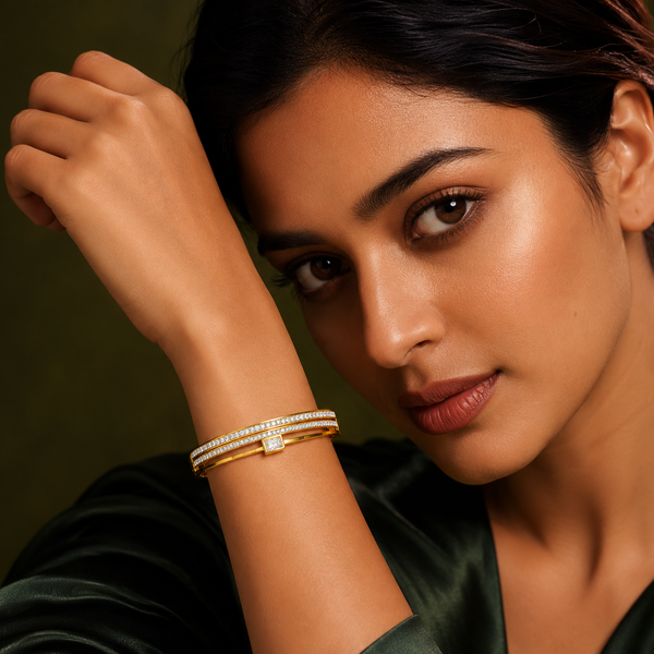 Kadas Gold-Tone Stone-Studded Kada with Green Stone Accent for Women - House of Viya
