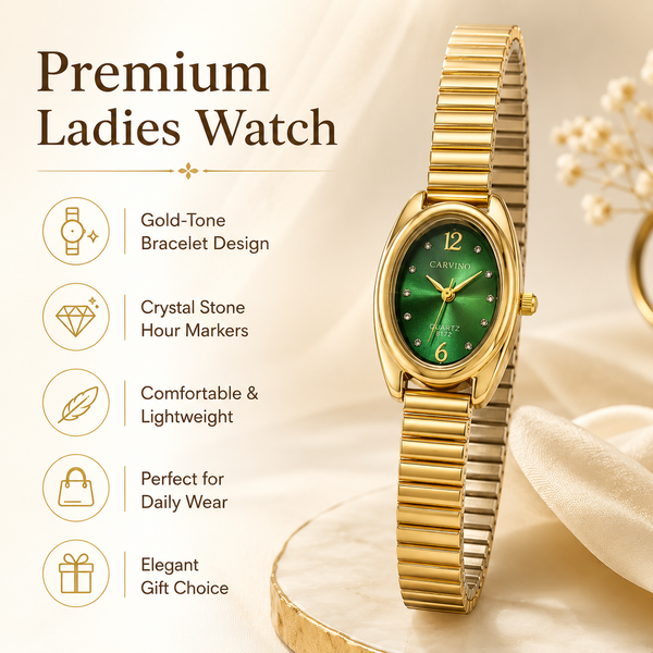 Watches Gold-Tone Oval Green Dial Classic Stretch Bracelet Watch for Women - House of Viya