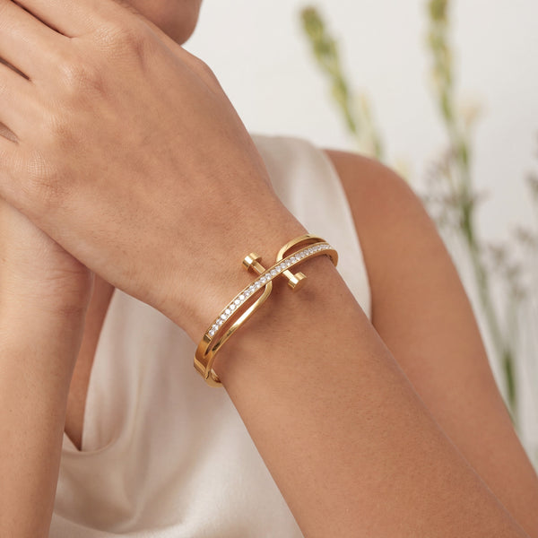Bypass Open Pave CZ Bezel Tip Baby Kada Bangle | Gold Plated Slim Cuff Bracelet for Women - House of Viya