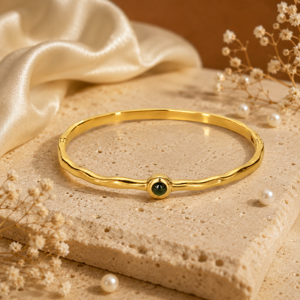 Kadas Gold-Tone Polished Finish Green Stone-Accented Slim Kada for Women - House of Viya