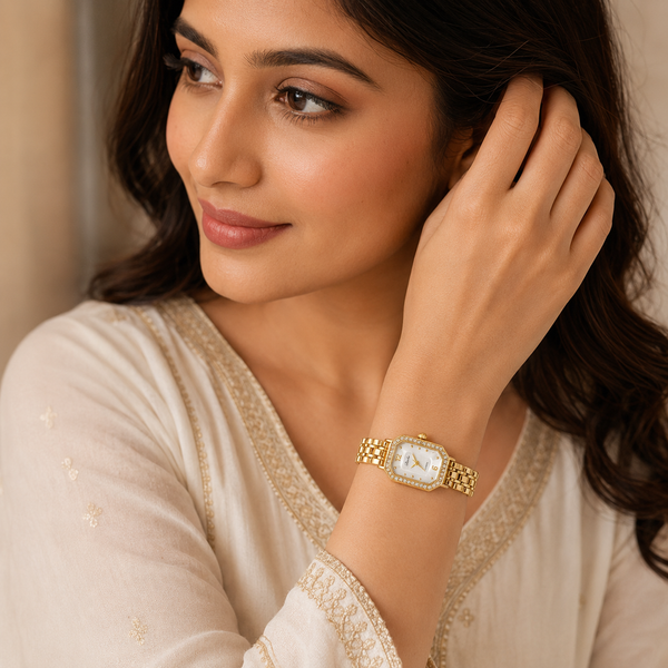 Watches Gold-Tone Rectangular Dial Crystal Studded Chain Bracelet Watch for Women - House of Viya