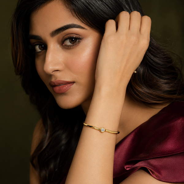 Kadas Gold-Tone Polished Finish Single Stone-Accented Slim Kada for Women - House of Viya