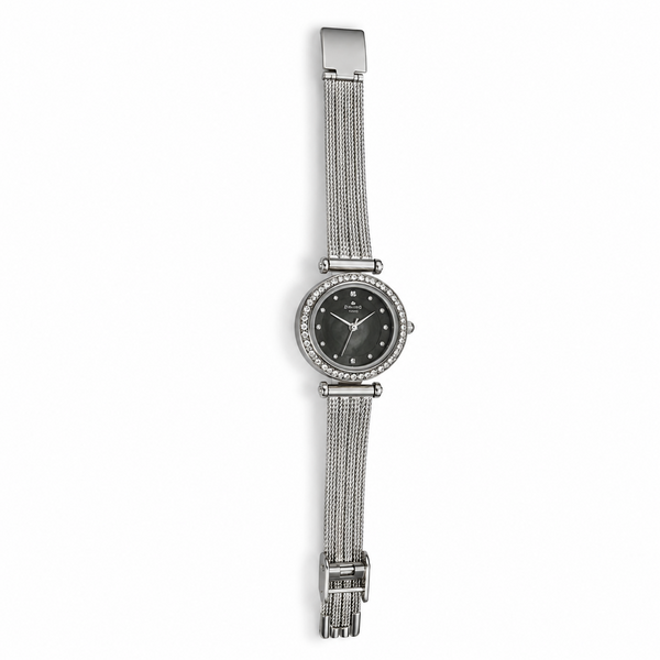 Watches Silver-Tone Round Black Dial Crystal Studded Bezel Bracelet Watch for Women
