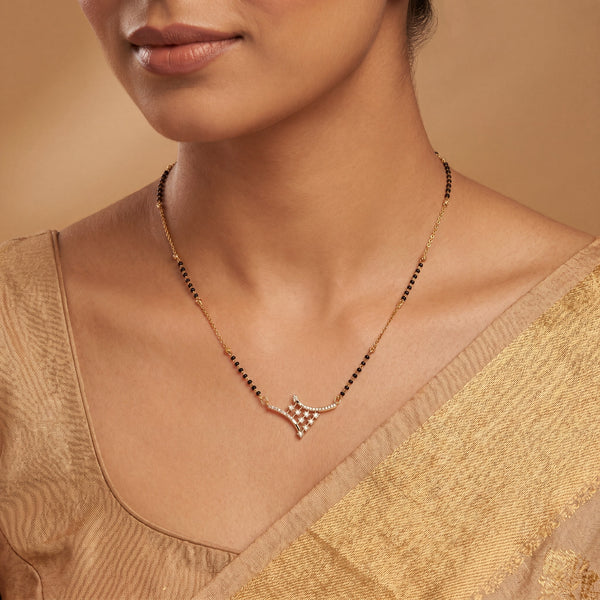 KZ Gold Plated Crown CZ Mangalsutra for Women Black Bead Chain Asymmetric Arrow Pendant FS
