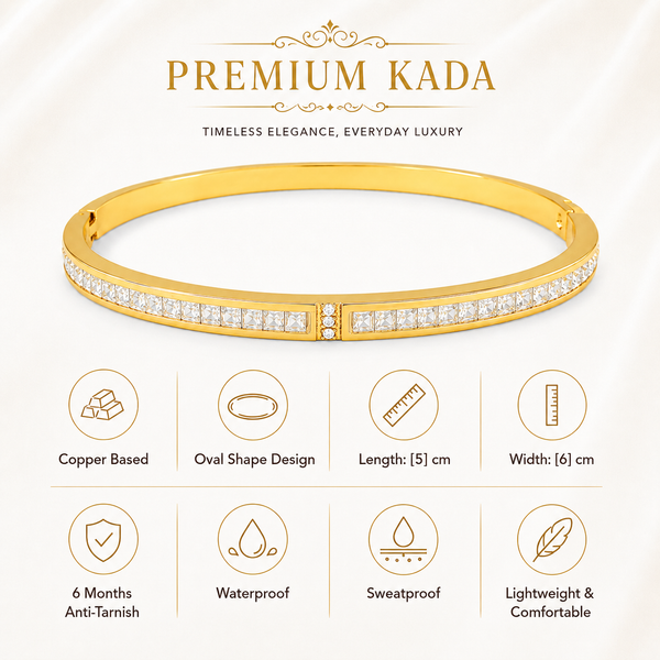 Gold Channel Set Baguette Diamond Row Kada for Women | Center Panel Small Stone Stainless Steel Ladies Bangle | Premium Festive Jewellery - House of Viya