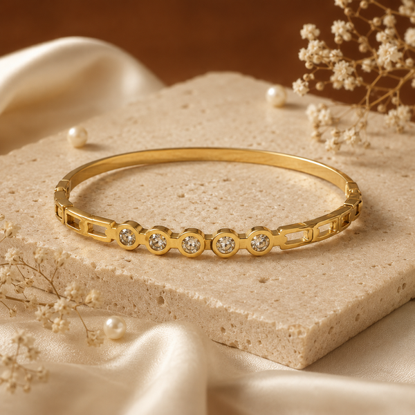 Kadas Gold-Tone Half-Eternity Stone-Studded Kada with Centred Crystal Cluster - Polished Finish Slim Bracelet - House of Viya