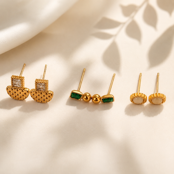 Earrings Antique Fan, Tri-Stone Bar & Kundan Oval Stud Earrings Set of 3 Pairs