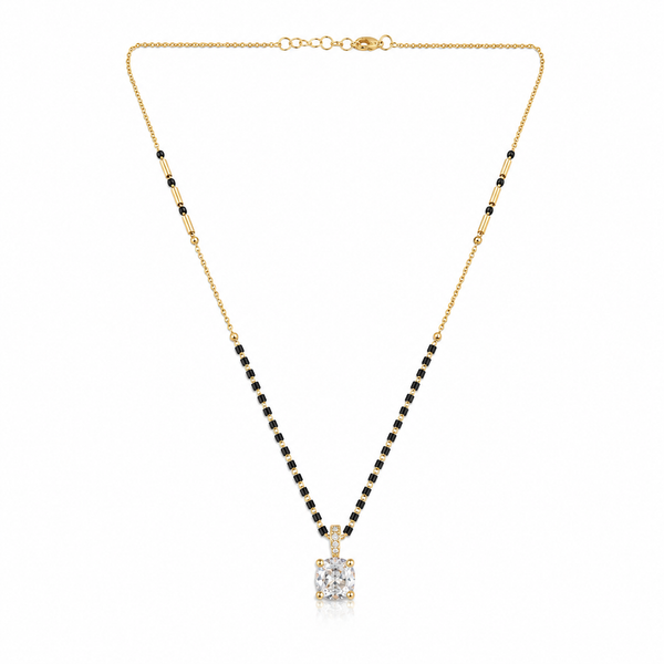 KZ Gold Plated Princess Cut Square CZ Solitaire Mangalsutra for Women Black Bead Chain Pendant FS - House of Viya