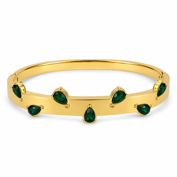 Real Teardrop Pear Emerald Green Stone Gold Oval Kada for Women | Prong Set Gemstone Stainless Steel Ladies Bangle | Premium Stone Festive Jewellery - House of Viya