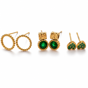 Earrings Gold Circle Ring, Emerald Halo Crown & Pave Triangle Stud Earrings Set of 3 Pairs