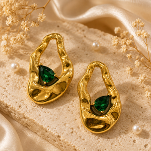 Earrings Gold-Tone Textured Green Stone Huggie Earrings - House of Viya