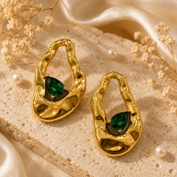 Earrings Gold-Tone Textured Green Stone Huggie Earrings - House of Viya