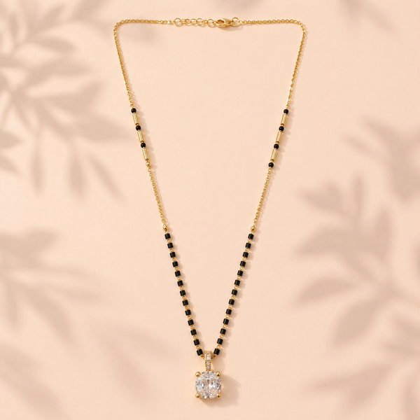 KZ Gold Plated Princess Cut Square CZ Solitaire Mangalsutra for Women Black Bead Chain Pendant FS - House of Viya