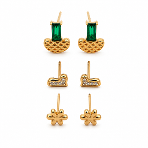Earrings Antique Fan Emerald, Pave Wave Bow & Gold Floral Stud Earrings Set of 3 Pairs