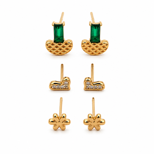 Earrings Antique Fan Emerald, Pave Wave Bow & Gold Floral Stud Earrings Set of 3 Pairs