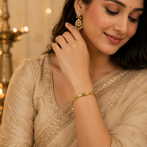 Gold Wavy Ripple Edge Scattered Diamond Oval Kada for Women | Curved Band Stone Stainless Steel Ladies Bangle | Artistic Festive Jewellery - House of Viya