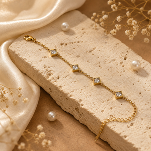 Gold Plated White Diamond Shaped Rhombus Stone Station Chain Bracelet with Lobster Clasp