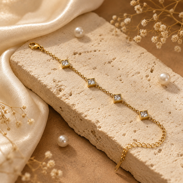 Gold Plated White Diamond Shaped Rhombus Stone Station Chain Bracelet with Lobster Clasp - House of Viya