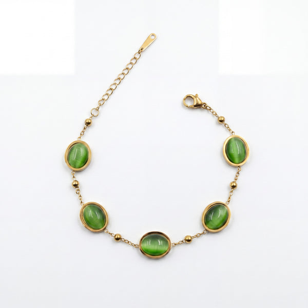 Gold Plated Green Oval Cabochon Stone Bezel Station Delicate Chain Bracelet with Lobster Clasp