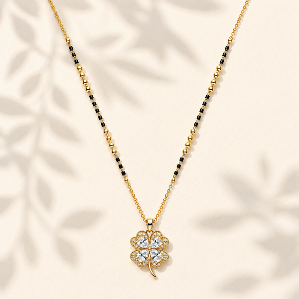 KZ Gold Plated 4 Leaf Clover CZ Mangalsutra for Women Black Bead Chain with White Stone Pendant FS - House of Viya