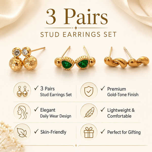 Earrings Gold Cluster Floral, Emerald Marquise & Twisted Knot Stud Earrings Set of 3 Pairs