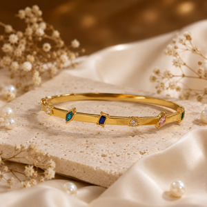 Kadas Gold-Tone Multicolour Stone-Studded Kada with Spaced Crystal Stations - Polished Finish Slim Bracelet