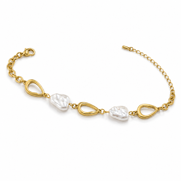 Gold Plated Adjustable Chain Bracelet with Alternating Open Oval Rings and Baroque White Pearl Drops - House of Viya