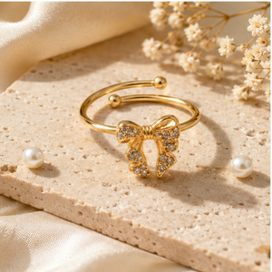 Anti tranish Gold plated Bow with CZ stone Rings for adults - 1PC