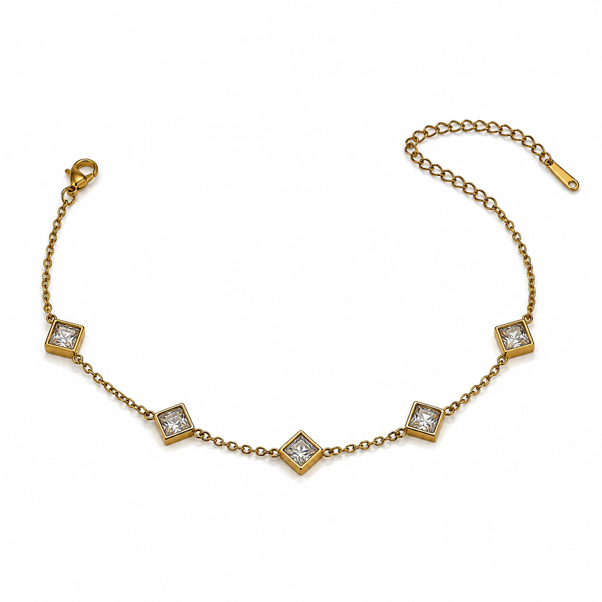 Gold Plated White Diamond Shaped Rhombus Stone Station Chain Bracelet with Lobster Clasp