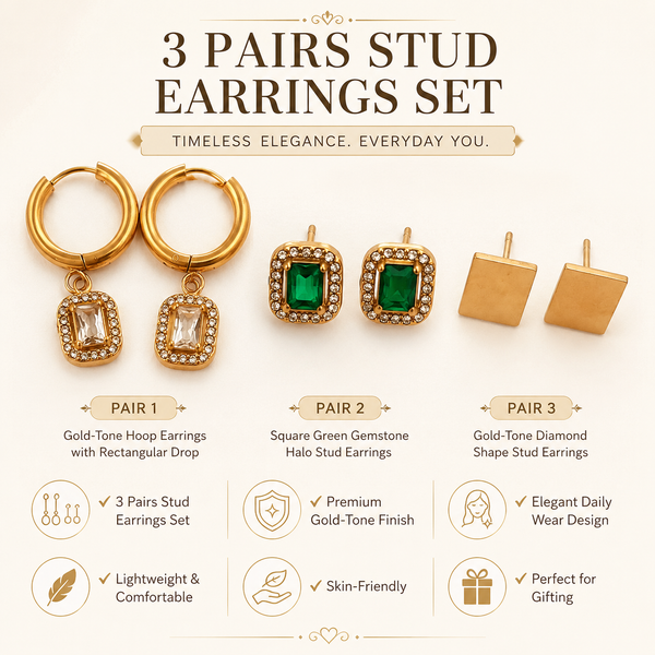 Earrings Rectangle Halo Drop Hoop, Emerald Rectangle Halo & Gold Triangle Stud Earrings Set of 3 Pairs