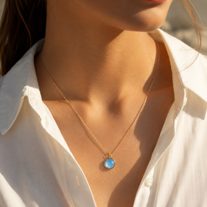 Chain 18K Gold-Plated Delicate Chain with Round Light Blue Pendant - House of Viya