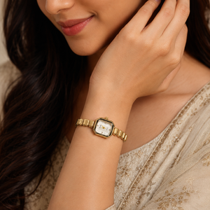 Watches Gold-Tone Rectangular Dial Brick Link Bracelet Watch for Women