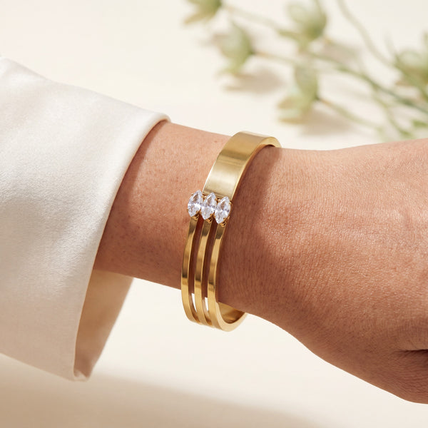 Triple Strand Solitaire CZ Baby Kada Bangle | Gold Plated Multi Band Stackable Bracelet for Women - House of Viya