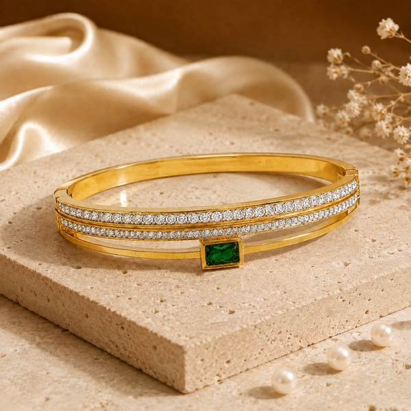 Kadas Gold-Tone White Stone-Studded Kada with Emerald Accent for Women - House of Viya