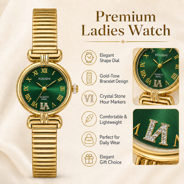 Watches Gold-Tone Pear Shape Green Dial Crystal Stone Bracelet Watch for Women