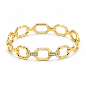 Kadas Gold-Tone Hexagonal Geometric Cutwork Kada with Crystal-Accented Links - Polished Finish Openwork Bracelet