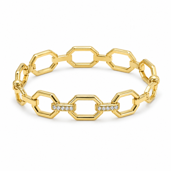 Kadas Gold-Tone Hexagonal Geometric Cutwork Kada with Crystal-Accented Links - Polished Finish Openwork Bracelet - House of Viya